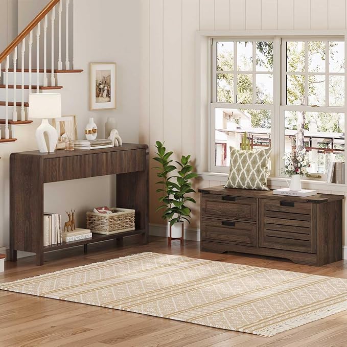 FATORRI Bench with Shoe Storage for Entryway, Wooden Shoe Benches with Flip Door and Drawers, Entry Way Shoes Organizer Cabinet for Living Room Mudroom (Dark Walnut)