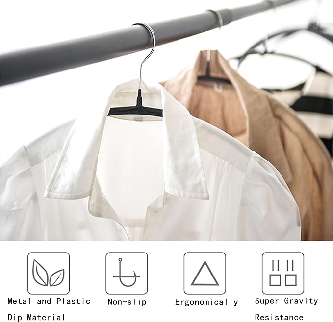 Premium PVC Coating Metal Hangers 20 Pack, Heavyduty, Non Slip Slimline, Suit Jacket T Shirt Hangers, Gold Hooks, Space Saving Clothes Hanger (Black)