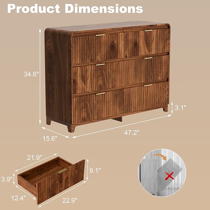 3 Pcs Dresser Closet Bedroom Set, 6 Drawer Fluted Dresser and Nightstand Set of 2 with Charging Station, Modern Bedside Table Chest of Drawers Storage Cabinet Set for Bedroom, Living Room, Walnut