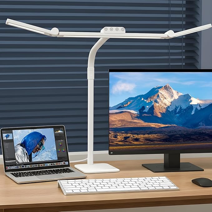 LED Desk Lamp for Home Office with Base, 28.2" Adjustable Gooseneck Swing Arm Bright Desk Light, Dimmable Architect Table Lamp for Desktop Computer Light, Reading, Study, Workbench（White）