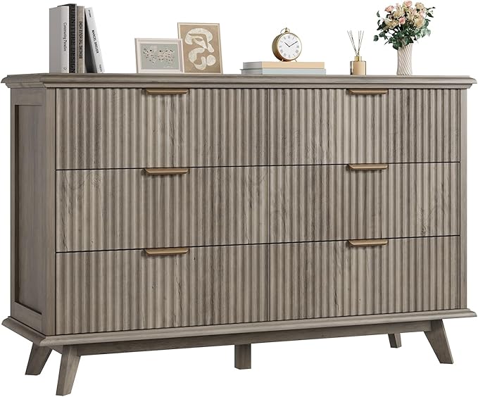 QUW Modern Fluted Dresser for Bedroom with 6 Drawers,47.2" Wood Closet Organizers and Storage,Wide 6 Drawer Dresser with Metal Handle,Hallway,Living Room(Grey)