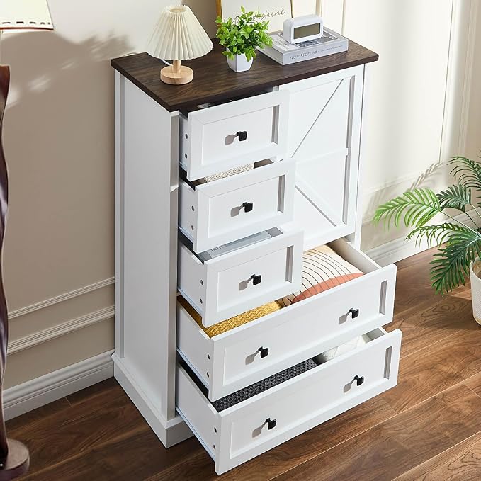 SOOWERY White Dresser for Bedroom, 5 Drawers Farmhouse Wood Dresser with Double Storage Cabinet, 48 Inches Tall Chest of Drawers for Bedroom, Living Room, Hallway