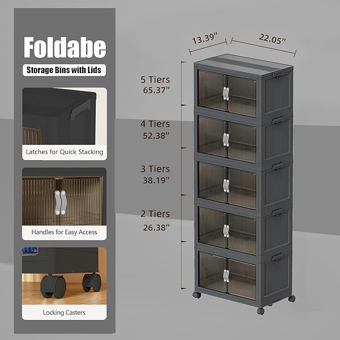 Stackable Storage Bins, Collapsible Plastic Container Bins with Lid & Wheel, Closet Organizer Foldable Cabinet with Door, Folding Storage Boxes for Home, Pantry, Office (M, Gray 5-Tier)
