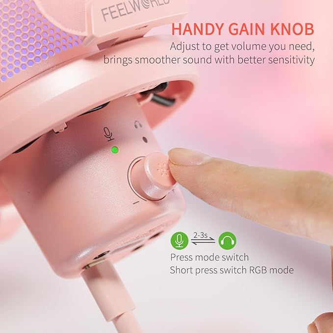 FEELWORLD VM1 Pink Gaming PC USB Microphone Condenser Mic with Noise Cancellation Mute RGB Light, Computer Accessories Gifts for Gamer YouTube Twitch Podcast Streaming Recording Online Chat PS4 PS5