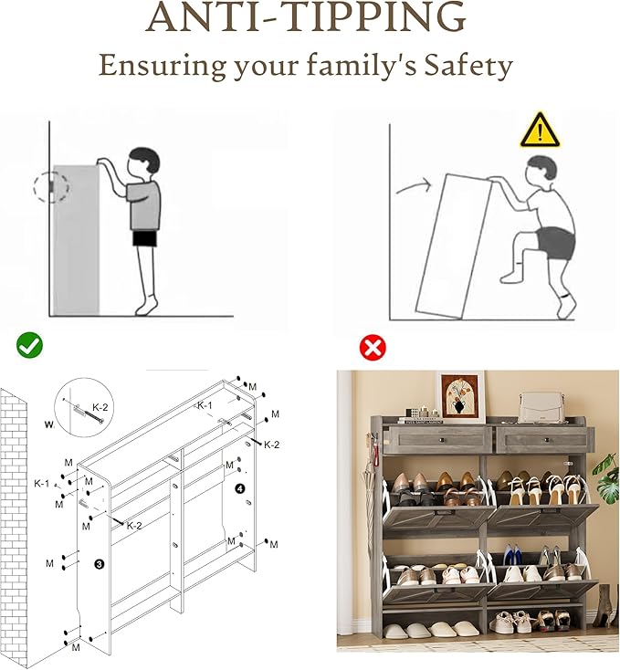 Shoe Storage Cabinet for Entryway, Farmhouse Wide Shoe Cabinet with 4 Flip Drawers and 2 Top Drawers, Freestanding Organizer with Adjustable Shelves, Hooks, and Anti-Tip Kit for Hallway