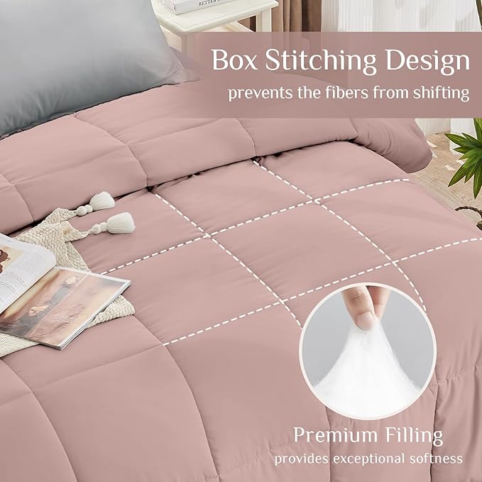 JOLLYVOGUE Twin XL Comforter Set, Ultra-Soft Bed in a Bag Twin XL Size 5 Pieces, Oeko-TEX Certified Bedding Set with Down Alternative Comforter, Sheets, Pillowcases & Shams, Pink & Light Grey