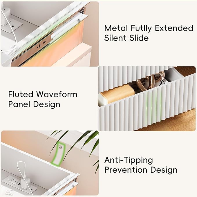 Nightstand with Charging Station & LED Lights, Modern Small Fluted Bedside & End Table with 3 Drawers, Sliding Top & Hidden Storage, Wooden Farmhouse Night Stand for Bedroom Office Sofa, White