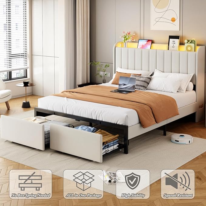 Queen Size Bed Frames with Storage Headboard and 2 Drawers, Upholstered Platform Bed Frame Queen with Led Lights and Handy Charging Station, No Box Spring Needed, Easy Assembly, Noise Free, Beige