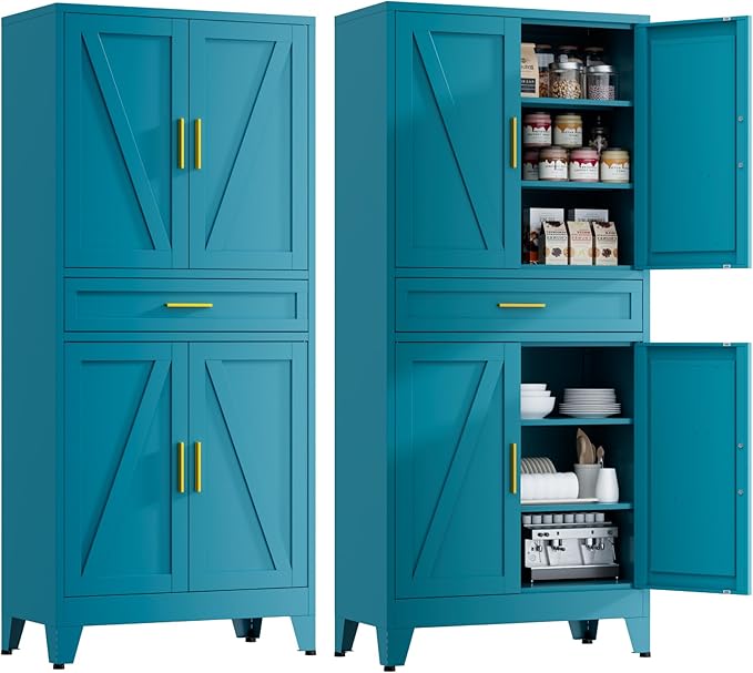 71" Tall Farmhouse Pantry Cabinet,Metal Cabinet with Adjustable Shelves and Doors,Storage Cabinet for Kitchen Garage,Blue