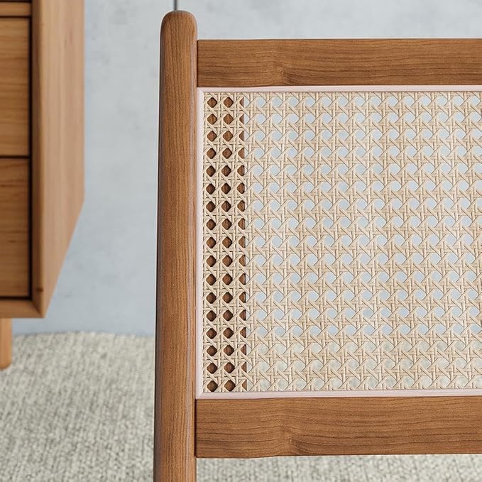 homary Mid Century Modern Chair Japandi Walnut Rattan and Wood Lounge Chairs Armless Accent Chair for Living Room Bedroom Balcony & Patio