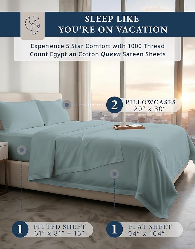 100% Egyptian Cotton Queen Size Sheet Set - 1000 Thread Count Silky Sateen Weave Naturally Breathable & Durable Winter Comfort, Hotel Soft Luxury Comfort with 15" Deep Pocket Queen Sheets -French Blue