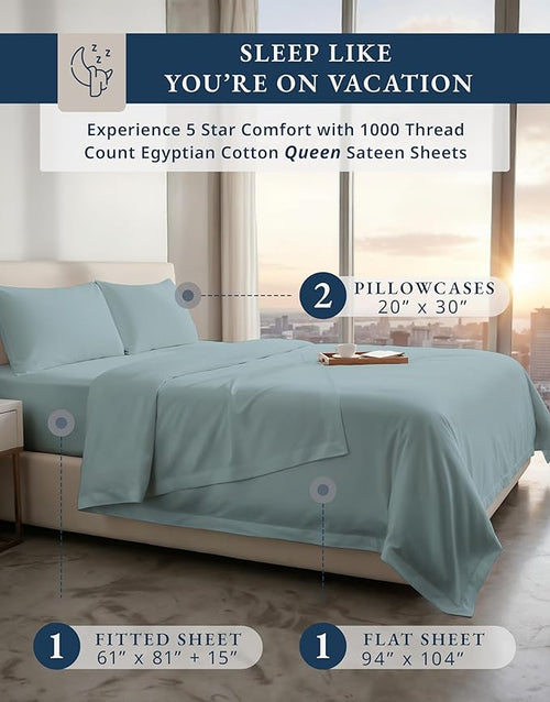 100% Egyptian Cotton Queen Size Sheet Set - 1000 Thread Count Silky Sateen Weave Naturally Breathable & Durable Winter Comfort, Hotel Soft Luxury Comfort with 15" Deep Pocket Queen Sheets -French Blue