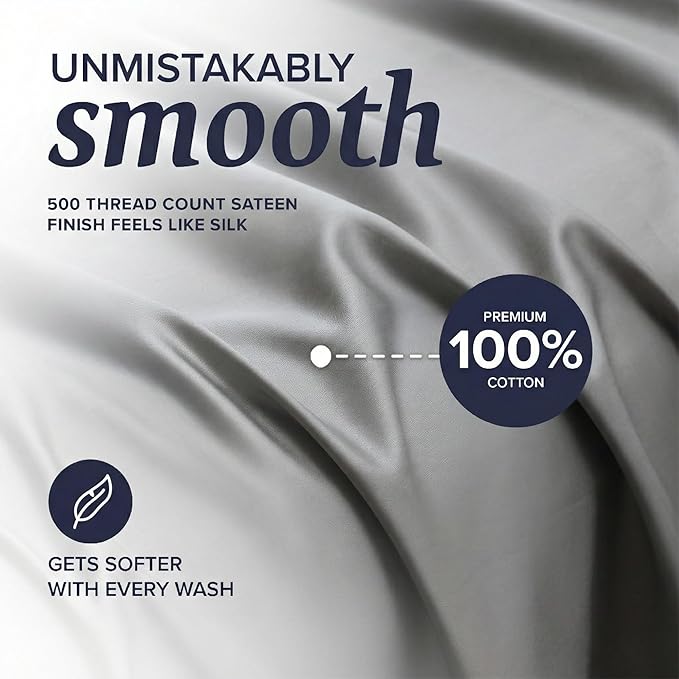 Beckham Hotel Collection Twin XL Sheet Set 100% Cotton, 500TC Luxury Sateen Bedding, 16” Deep Pocket, Moisture-Wicking, 3-Piece, Dark Gray