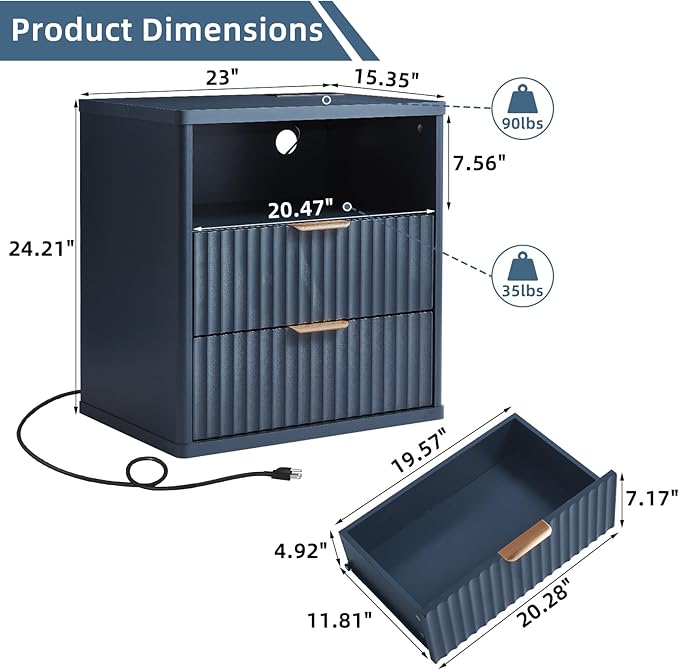 LEYAOYAO Fluted Farmhouse Nightstand Set of 2 with Charging Station, 23" Wide 2 & 3 Drawers Large End Table with Metal Handle, Navy Blue Night Stand Bedside Table, Wood Dresser for Bedroom,Closet