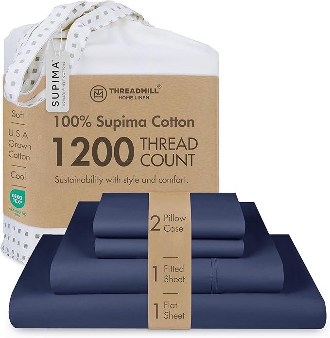 Threadmill Supima Cotton Sheets Queen, 1200 Thread Count Queen Sheet for Queen Mattresses, 4 Piece Luxury Bed Sheets, Sateen Weave Hotel Quality Sheets with Elasticized Deep Pocket, Folkstone Blue