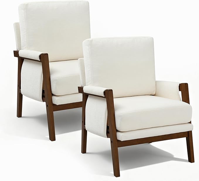 Accent Chairs for Living Room Set of 2, Modern Arm Chairs for Bedroom, Wooden Upholstered Mid Century Accent Chairs, Cream White