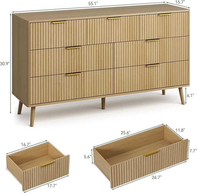 LYNSOM Fluted Dresser and Nightstand Sets 3 Piece, 7-Drawers Dresser and 1-Drawer Nightstands Set of 2, Wood Bedroom Furniture Set for Home, Bedroom, Hallway, Oak