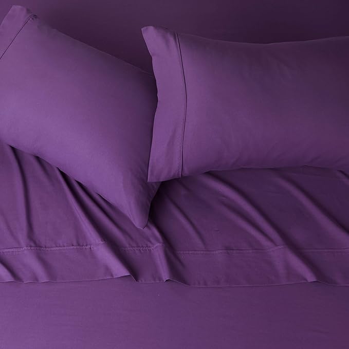 Amazon Basics Lightweight Super Soft Easy Care Microfiber 4 Piece Bed Sheets Set with 14-Inch Deep Pockets, Full, Plum, Solid