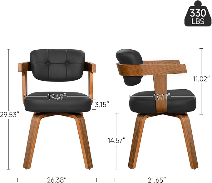 Art Leon Mid Century Dining Chairs - Set of 2 Faux Leather Upholstered Dining Chairs, Modern Swivel Dining Room Chairs Comfy Desk Chair No Wheels Accent Arm Chair for Kitchen Living Room Study, Black
