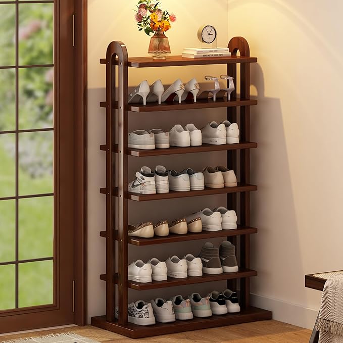 7 Tier Shoe Rack Solid Wood Shoe Organizer for Closet Free Standing Shoe Cabinet Shoe Storage Shelf for entryway, Closet and Doorway, Walnut