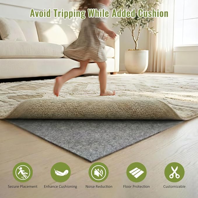 Felt Rug Pad with Gripper Dots, 2x3 Ft Non-Slip Rug Underpad with PVC Backing, 1/6" Thick Cushioned Carpet Pad Gripper for Hardwood Floors, Vinyl & Tile, Under Rug Padding Floor Protection