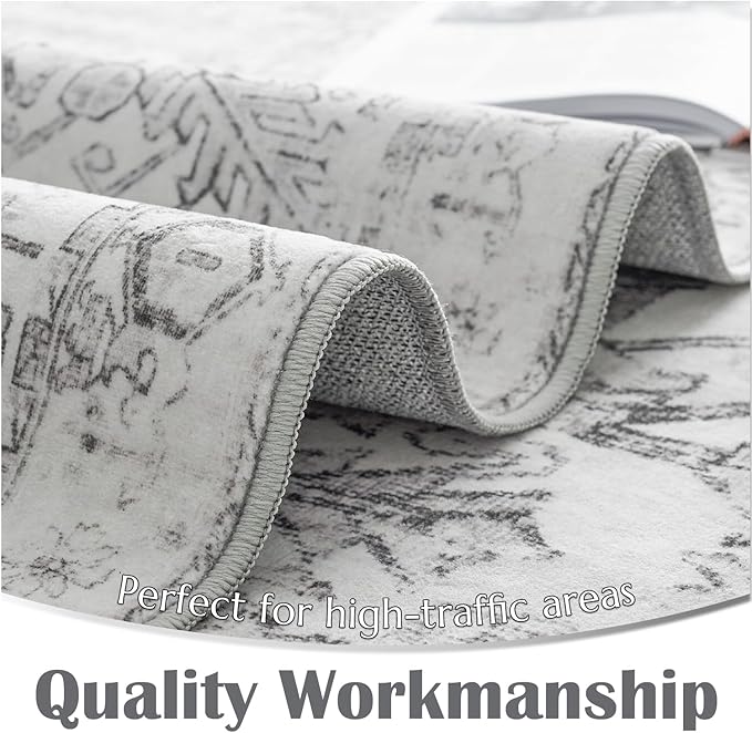 jinchan Lima Hallway Runner Rug 3x8 Washable - Vintage Floral Non Slip Low-Pile Soft Ultra-Thin Faux Wool Kitchen Rug Distressed Carpet Runner for Farmhouse Bedroom Laundry (3x8ft, Grey)