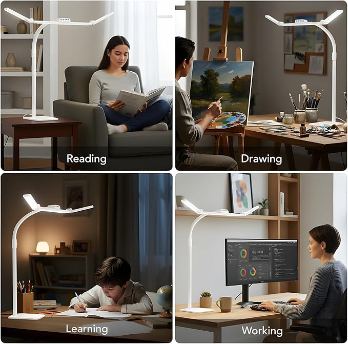 LED Desk Lamp for Home Office with Base, 28.2" Adjustable Gooseneck Swing Arm Bright Desk Light, Dimmable Architect Table Lamp for Desktop Computer Light, Reading, Study, Workbench（White）