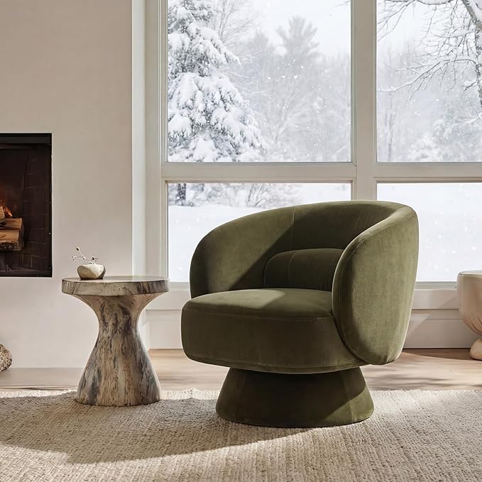 Swivel Accent Chair, Modern 360 Degree Swivel Barrel Chair with Arms & Curved Back and Lumbar Support Cushion, Comfy Round Single Sofa for Small Space, Living Room, Bedroom, Olive Rayon