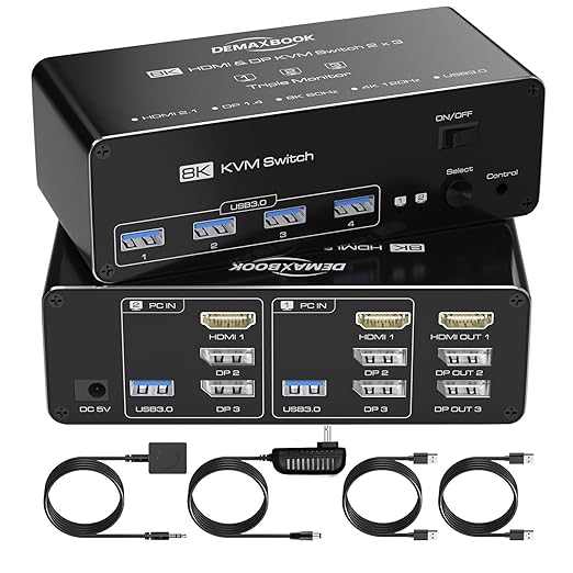 DEMEXBOOK HDMI DisplayPort KVM Switch 3 Monitors 2 Computers 8K@60Hz, 4K@144Hz,Triple Monitor KVM Switches with 4 USB 3.0 Ports, Wired Remote, USB3.0 Cables，Power Adapter Included