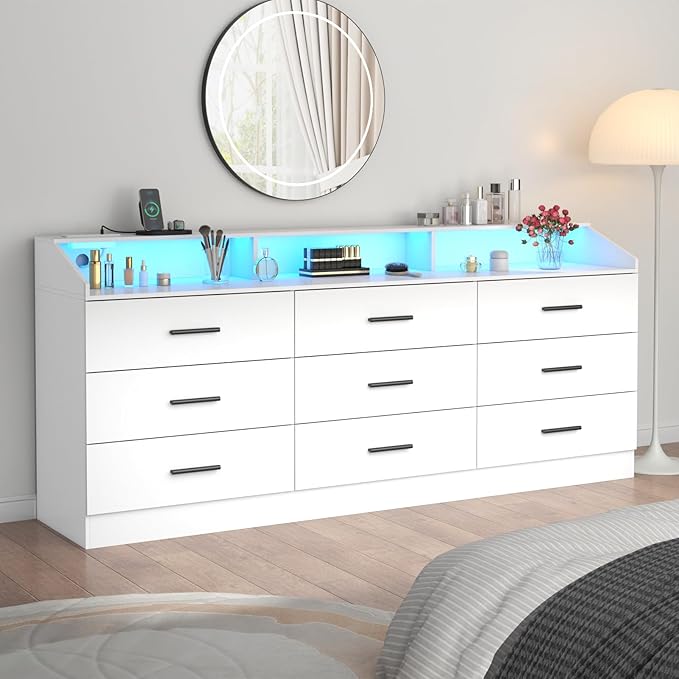 9 Drawers Dresser for Bedroom with Power Outlet, Chest of Drawers with LED Light, Modern Dressers with Open Storage Cubby, Triple Wide Dressers Organizer for Living Room (White)