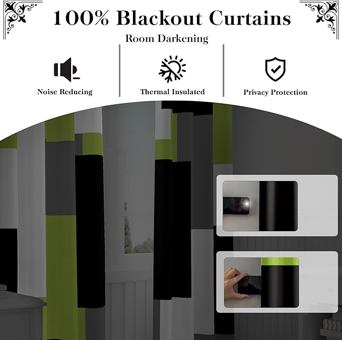 Lime Green 100% Blackout Curtains for Bedroom 63 inch Length 2 Panels Set Light Fresh Modern Abstract Geometric Black Out Curtains Insulated Room Darkening Window Drapes for Living Room, 52Wx63L