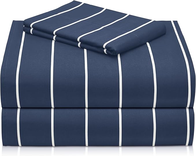 LuxClub 3 PC Twin Sheet Set, Deep Pockets Wrinkle Free Cooling Bed Sheets Hotel Bedding for Women, Men, Kids & Teens, Includes 1 Fitted Sheet, 1 Flat Sheet and 1 Pillowcase-Striped - Navy