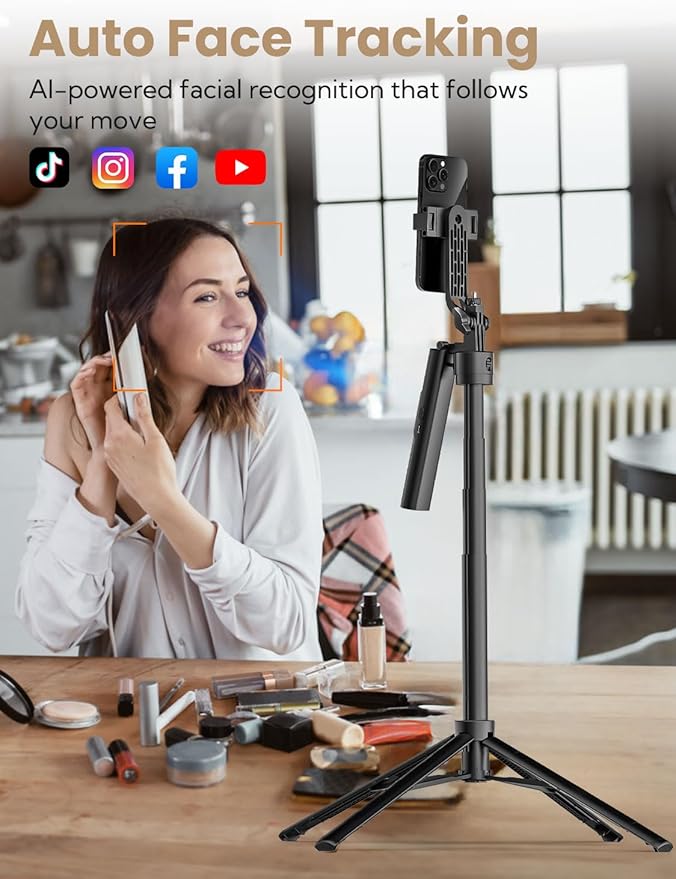 Auto Face Tracking Tripod for iPhone 360°Rotation,Selfie Stick for Android w/Remote&Ground Spike,68” Phone Tripod Stand That Follows Your Movement for Video Recording,Vlogging(R01)