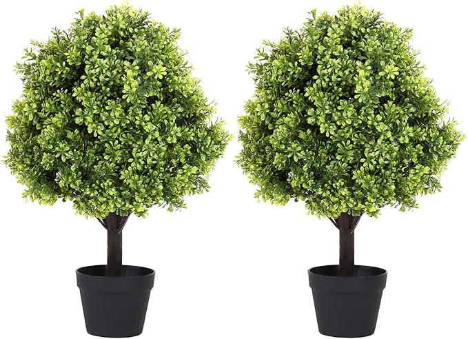 27“ Realistic Artificial Boxwood Topiary Trees Set of 2, Faux Plants Outdoor UV-Resistant, Fake Evergreen Bushes & Shrubs for Front Porch Outside Planter Decor