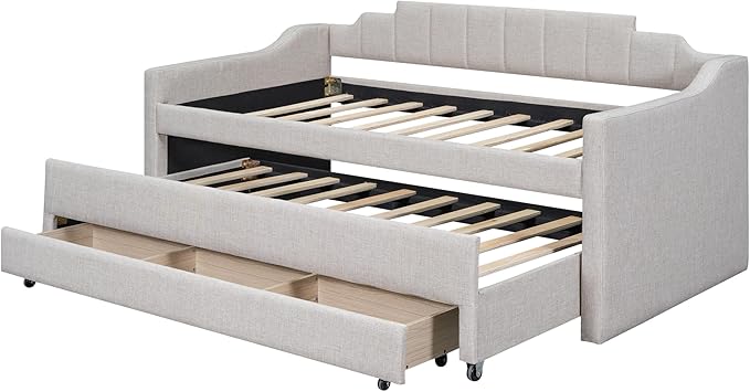 Favfurish Twin Size Upholstered Daybed with Trundle and 3 Lower Drawers,Linen Sofa Bed for Apartment Living Room Guest Room,Solid Wood Day Bed Frame,No Box Spring Needed,Beige