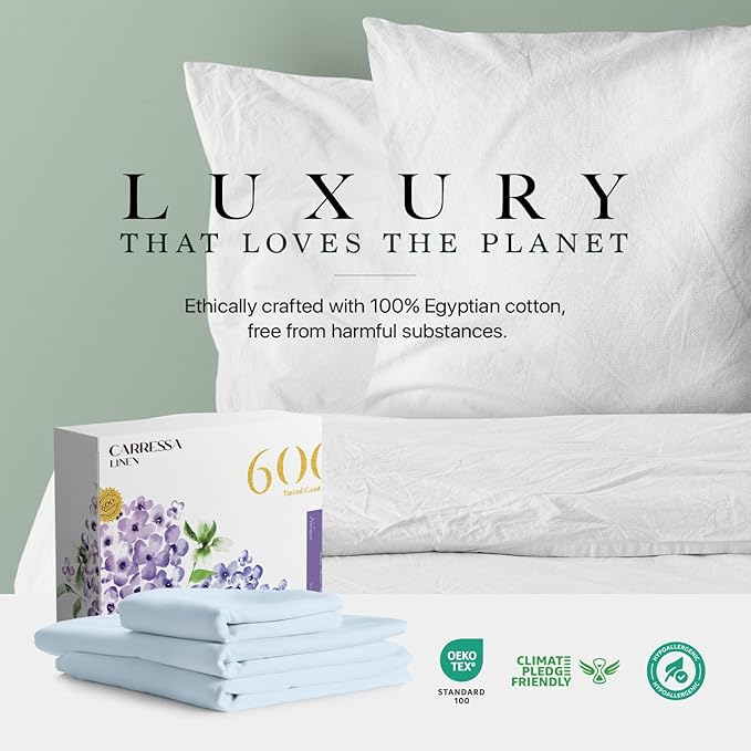 Carressa Linen 100% Egyptian Cotton Twin Sheets Set - 600 Thread Count Egyptian Cotton Luxury Twin Sheets (3 PC, Sky Blue), 16" Deep Pocket, Soft, Cooling, Sateen Weave College Dorm Room Bedding