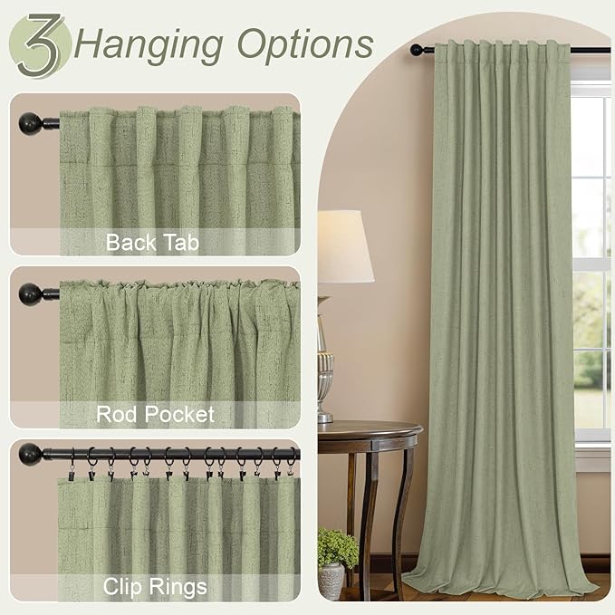 Pitalk Light Sage Green Black Out Curtains 63 Inch Long 2 Panel Set Back Tab Pleated Linen Textured Cute Blackout Curtains for Girls Bedroom Nursery Living Room Darkening Thermal Window Drapes Vintage