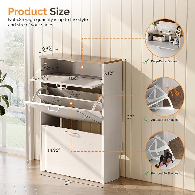 VINGLI Shoe Cabinet Storage for Entryway Ultra Slim with 2 Flip &1Drop-Down Drawers, 24.8" W Narrow Shoe Cabinet for Front Door Entrance,Freestanding Rustic White Wood Shoes Organizer for Hallway