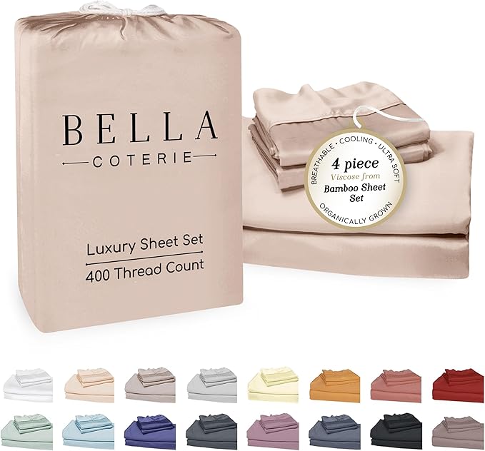 Bella Coterie Luxury Bamboo Viscose Cal King Size Sheet Set | 100% Organically Grown | Ultra Soft | Cooling for Hot Sleepers | 18" Deep Pocket [Dusty Rose]