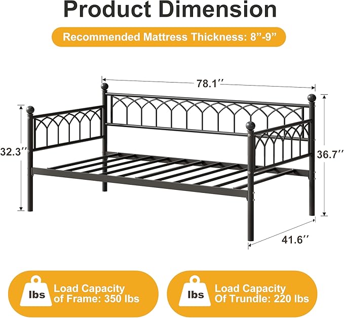 GarveeHome Twin Size Daybed, Sofa Bed Frame with Metal Steel Slat Support, Heavy Duty Metal Bed Frame, Space Saving, Easy Assembly, for Small Spaces, Living Room, Bedroom, Apartment, Black
