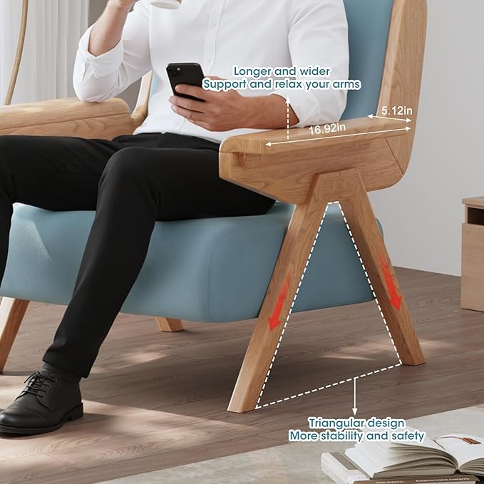 Accent Chair Mid Century Modern Chair, Velvet Upholstered Lounge Arm Chair with Solid Wood, Cozy Reading Chair for Living Room, Bedroom, Balcony (Blue)