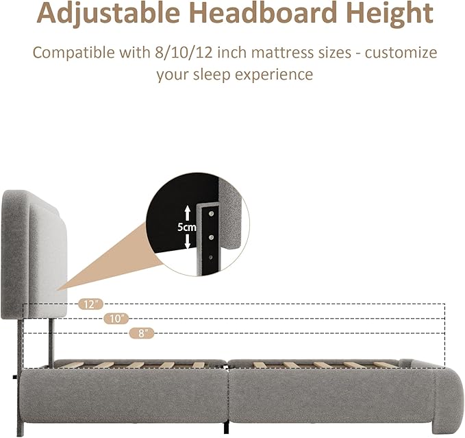 Full Size Platform Bed Frame with Headboard, Boucle Upholstered Desige, Anti-Collision Corners, Soft Rounded Corners, No Box Spring Required, Easy Assembly, Noise Free
