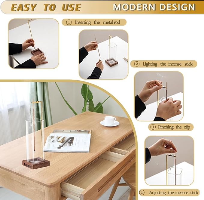 Ceremony Incense Holder，2 Pack Wood Incense Holder for Sticks with Glass Ash Catcher，Incense Burner for Meditation Yoga Spa Room Decor