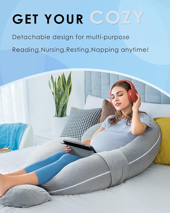 QUEEN ROSE Pregnancy Pillows - E Shaped Pregnancy Pillows for Sleeping, with Pregnancy Wedge Pillows for Belly Support, 60 inch Maternity Body Pillow, Breathable Jersey Cover,Grey
