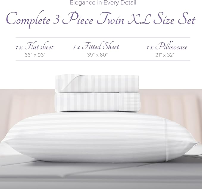Carressa Linen Striped Egyptian Cotton Sheets Twin XL Size - 600 Thread Count 3 PC Damask Twin XL Sheets Deep Pockets, Sateen Weave College Dorm Bedding Twin XL, Fits Mattress Upto 18"- White Stripe