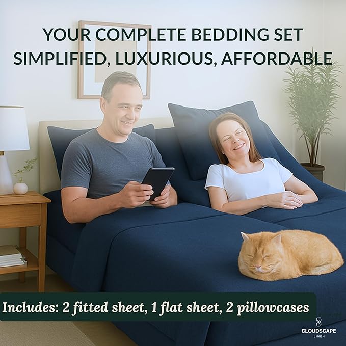 Cloud Scape Linen 100% Egyptian Cotton Split King Sheet Set for Adjustable Bed,400 Thread Count, 5 Pcs Bedding Set, Soft, Breathable and Durable, Deep Pockets up to 17, Dark Denim