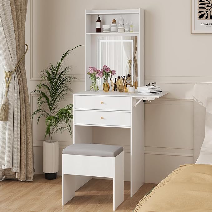ARTETHYS Small Vanity Desk Set with 3 Adjustable Lighted Mirror and Storage Chair Mini Makeup Vanities Set for Compact Space White Dressing Table with Fold-up Panel for Bedroom