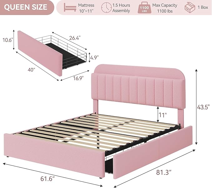 Jojoka Queen Bed Frame with Storage Headboard and 2 Drawers, Boucle Upholstered Platform Bed, Modern Girls Bed Frames for Rooms, No Box Spring Needed, Easy Assembly, Light Pink