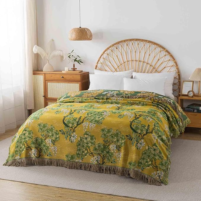 Qidordour Boho Throw Blanket, 60"x80" Muslin Blankets, 100% Organic Cotton Blanket for Couch Sofa, Lightweight Quilt with Tassel, All Season Bed Throw, Farmhouse Home Decor, A-Sophora Flower