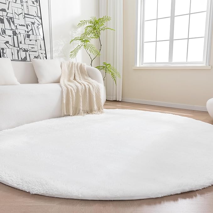 Amazon Basics Fluffy Washable Round Area Rug, Circle Shaggy Carpet for Living Room, Bedroom, Nursery, 4'R, Cream